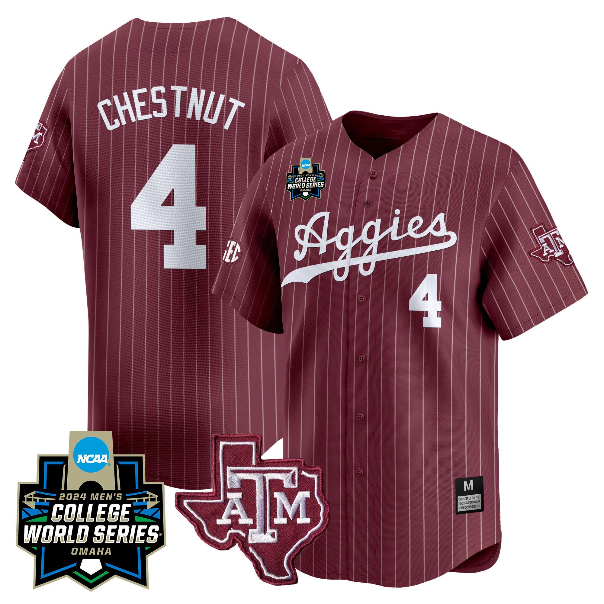Men Texas A&M Aggies 4 Chestnut Red Stripe 2024 College World Series Vapor Premier Limited NCAA Jersey